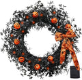 20 Inch Pumpkin Halloween Wreath with 30 Orange LEDs & Spiderweb Bow in Black