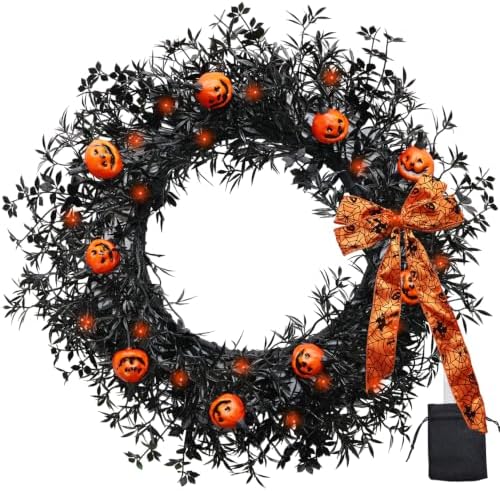 20 Inch Pumpkin Halloween Wreath with 30 Orange LEDs & Spiderweb Bow in Black