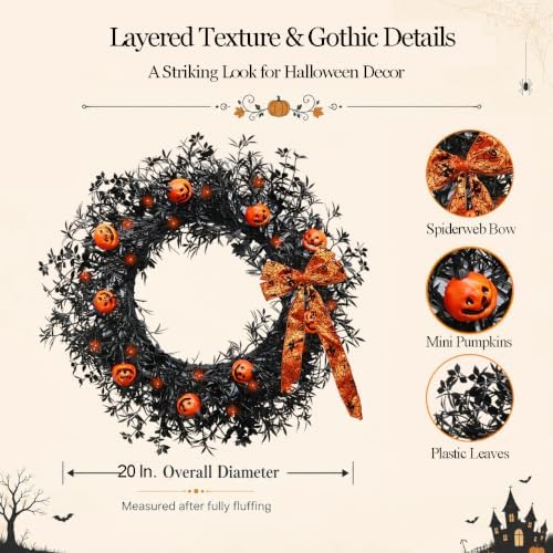 20 Inch Pumpkin Halloween Wreath with 30 Orange LEDs & Spiderweb Bow in Black, alternate view 2
