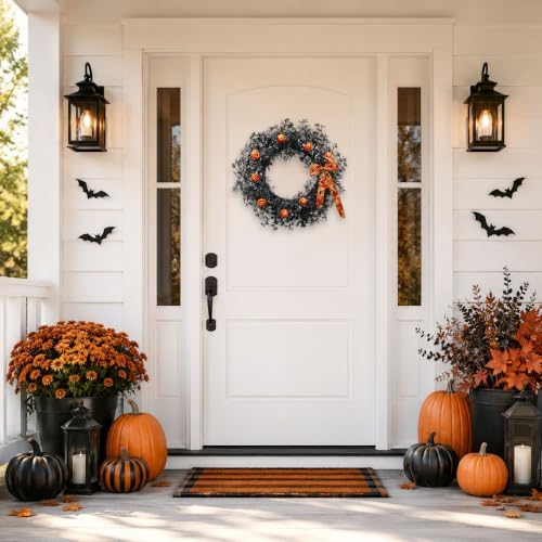 20 Inch Pumpkin Halloween Wreath with 30 Orange LEDs & Spiderweb Bow in Black, alternate view 3