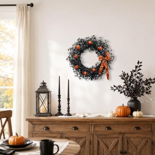20 Inch Pumpkin Halloween Wreath with 30 Orange LEDs & Spiderweb Bow in Black, alternate view 4