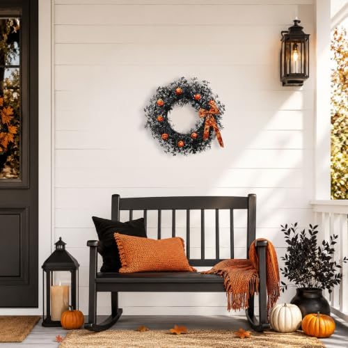 20 Inch Pumpkin Halloween Wreath with 30 Orange LEDs & Spiderweb Bow in Black, alternate view 5