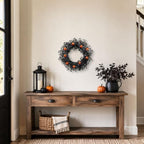 20 Inch Pumpkin Halloween Wreath with 30 Orange LEDs & Spiderweb Bow in Black, alternate view 6