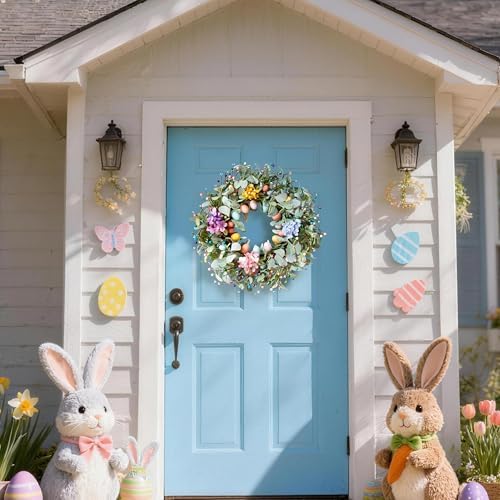 20 Inch Spring Easter Wreath for Front Door with Easter Egg & Lambs Ear, alternate view 2