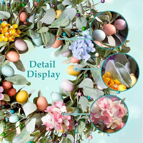 20 Inch Spring Easter Wreath for Front Door with Easter Egg & Lambs Ear, alternate view 3