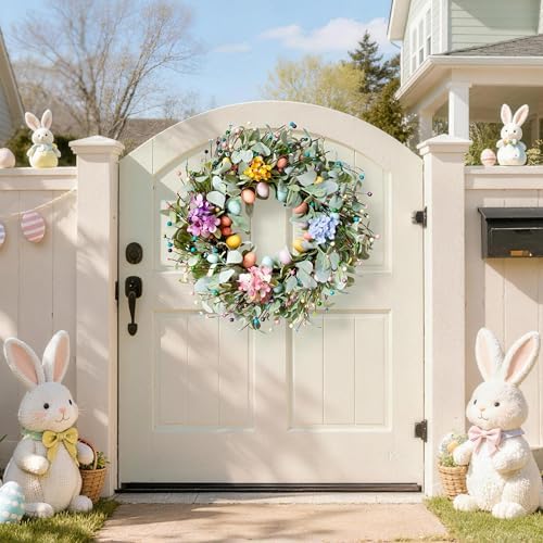 20 Inch Spring Easter Wreath for Front Door with Easter Egg & Lambs Ear, alternate view 6