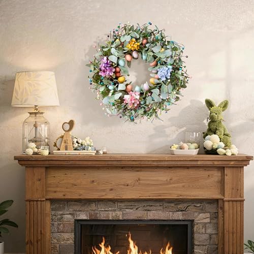 20 Inch Spring Easter Wreath for Front Door with Easter Egg & Lambs Ear, alternate view 7