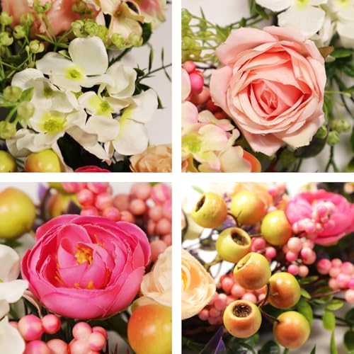20 Inch Spring Summer Wreaths for Front Door, Vintage Pink Rose Floral Wreath with Pomegranate, Berries and, alternate view 6