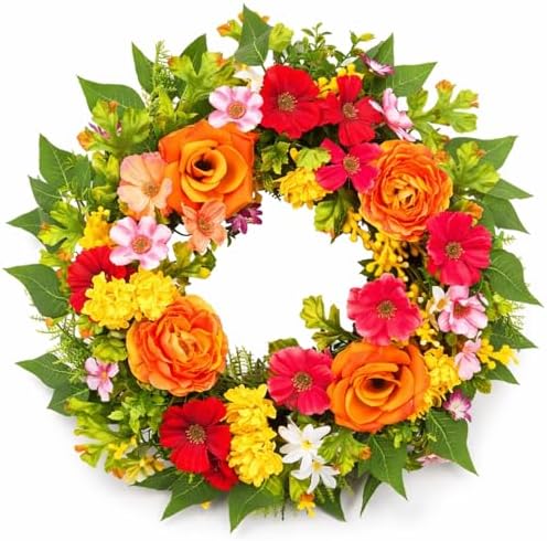 20 Inch Spring Wreath for Front Door, Artificial Silk Flower Wreath on Grapevine Base with Orange Rose-Style