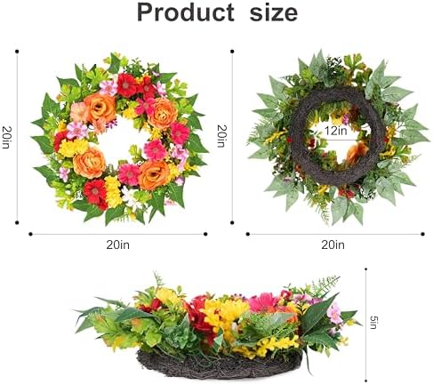 20 Inch Spring Wreath for Front Door, Artificial Silk Flower Wreath on Grapevine Base with Orange Rose-Style, alternate view