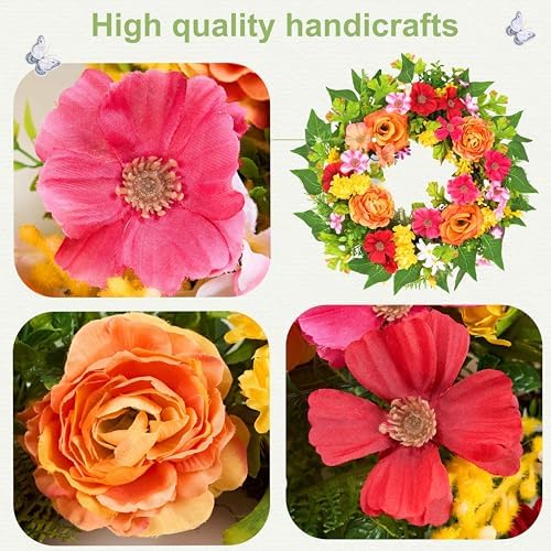 20 Inch Spring Wreath for Front Door, Artificial Silk Flower Wreath on Grapevine Base with Orange Rose-Style, alternate view