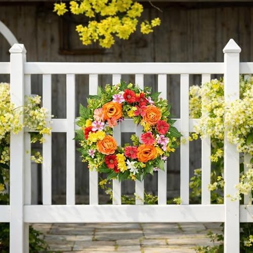 20 Inch Spring Wreath for Front Door, Artificial Silk Flower Wreath on Grapevine Base with Orange Rose-Style, alternate view