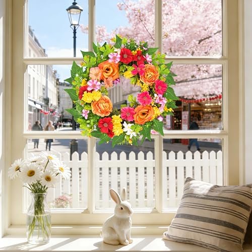 20 Inch Spring Wreath for Front Door, Artificial Silk Flower Wreath on Grapevine Base with Orange Rose-Style, alternate view