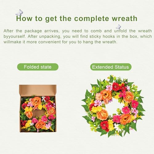 20 Inch Spring Wreath for Front Door, Artificial Silk Flower Wreath on Grapevine Base with Orange Rose-Style, alternate view
