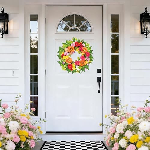 20 Inch Spring Wreath for Front Door, Artificial Silk Flower Wreath on Grapevine Base with Orange Rose-Style, alternate view