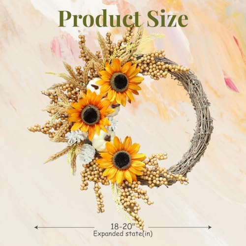 20 Inch Sunflower Fall Wreath for Front Door with White Pumpkin and Berries in Multicolor, alternate view 4