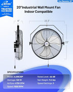 20 Inch Wall Mount Fan, 4750 CFM High Velocity Metal Fan with 3 Speeds, Sealed Motor & 360° Tilt, Heavy Duty, alternate view