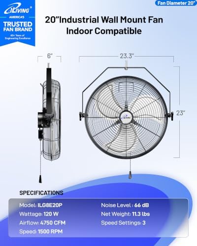 20 Inch Wall Mount Fan, 4750 CFM High Velocity Metal Fan with 3 Speeds, Sealed Motor & 360° Tilt, Heavy Duty, alternate view