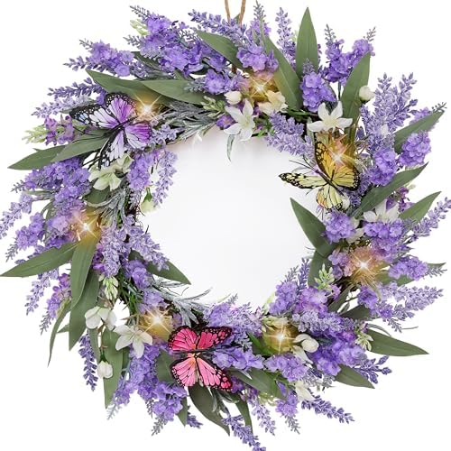 20" Lavender Wreath with LED Lights & Butterflies, Front Door Decor