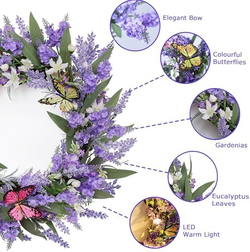 20" Lavender Wreath with LED Lights & Butterflies, Front Door Decor, alternate view 3