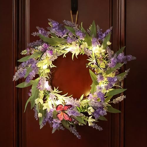20" Lavender Wreath with LED Lights & Butterflies, Front Door Decor, alternate view 5