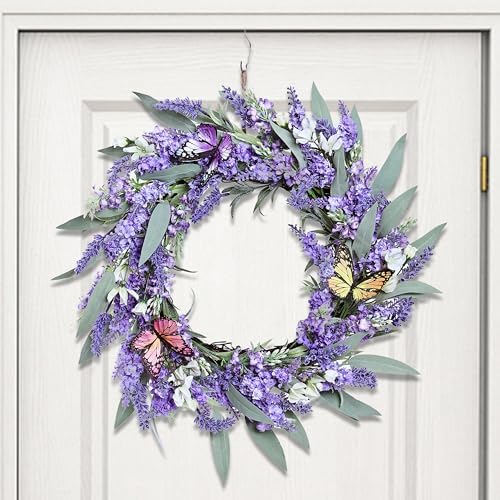 20" Lavender Wreath with LED Lights & Butterflies, Front Door Decor, alternate view 7
