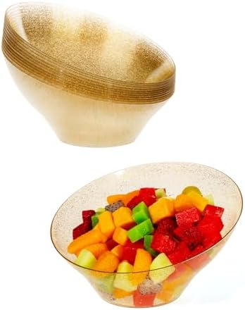 20 Oz Clear with Gold Glitter Plastic Angled Serving Bowls, 12 Pack in 20oz in Gold Glitter