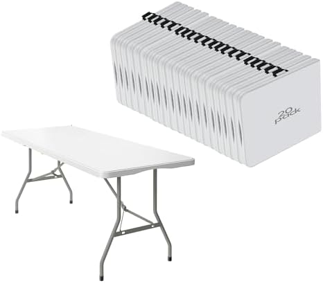 20 Pack 6FT Folding Tables, Heavy Duty, Carry Handle, White in White