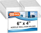 20 Pack 6x4 Wall Mount Acrylic Sign Holder, Horizontal Wall Signs Photo Menu Flyer Display Holders, Plastic