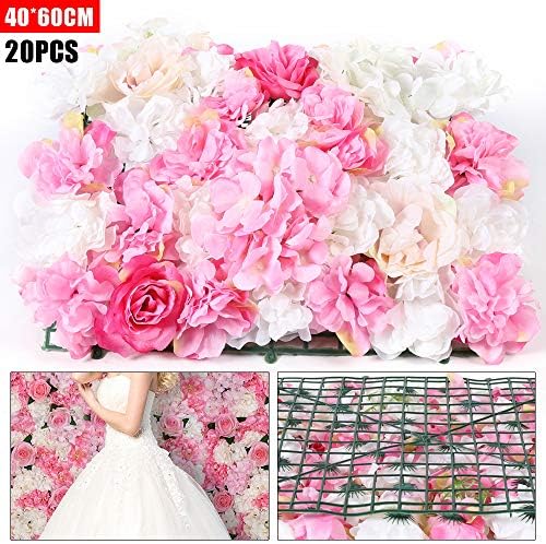 20 Pack Artificial Flower Wall Panels 24" x 16" Pink&White Faux Hydrangea and Rose Artificial Flower Backdrop, alternate view