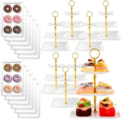 20 Pack Dessert Table Display Set 8 Pcs 3 Tiered Cupcake Stand with Gold Edges 12 Pcs White Dessert Serving Tray