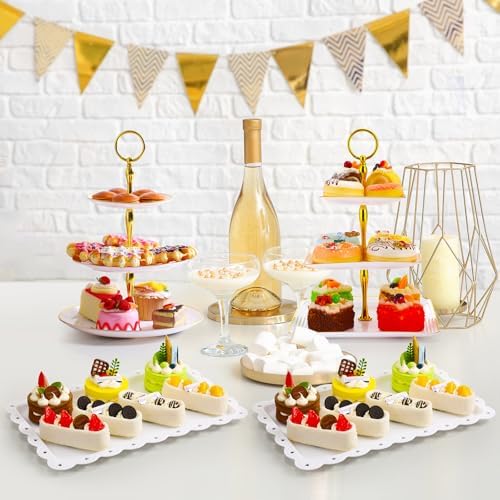 20 Pack Dessert Table Display Set 8 Pcs 3 Tiered Cupcake Stand with Gold Edges 12 Pcs White Dessert Serving Tray, alternate