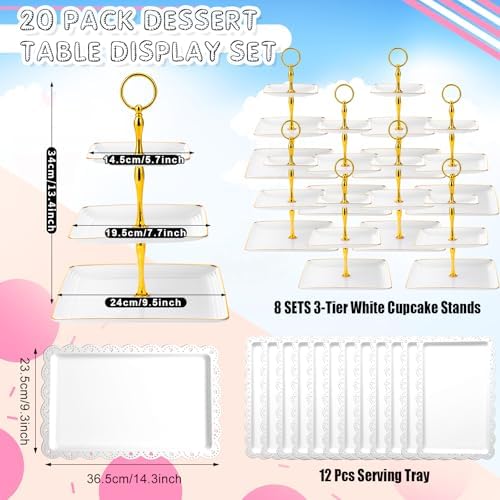 20 Pack Dessert Table Display Set 8 Pcs 3 Tiered Cupcake Stand with Gold Edges 12 Pcs White Dessert Serving Tray, alternate