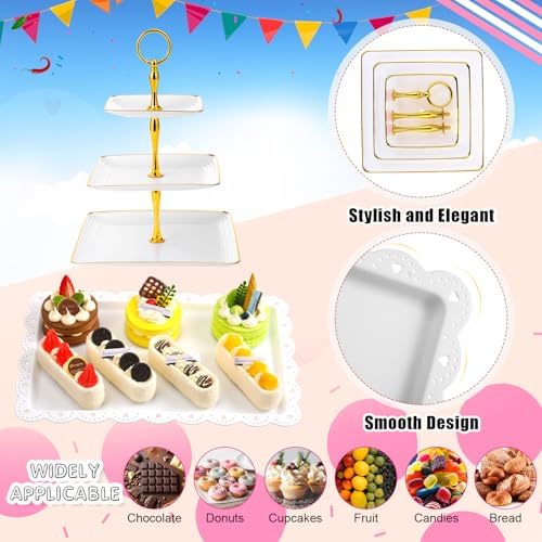 20 Pack Dessert Table Display Set 8 Pcs 3 Tiered Cupcake Stand with Gold Edges 12 Pcs White Dessert Serving Tray, alternate