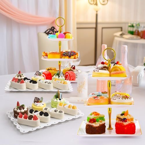 20 Pack Dessert Table Display Set 8 Pcs 3 Tiered Cupcake Stand with Gold Edges 12 Pcs White Dessert Serving Tray, alternate