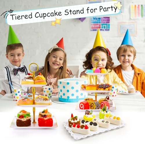 20 Pack Dessert Table Display Set 8 Pcs 3 Tiered Cupcake Stand with Gold Edges 12 Pcs White Dessert Serving Tray, alternate