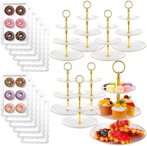 20 Pack Dessert Table Display Set 8 Pcs 3 Tiered Cupcake Stand with Gold Edges 12 Pcs White Dessert Serving Tray