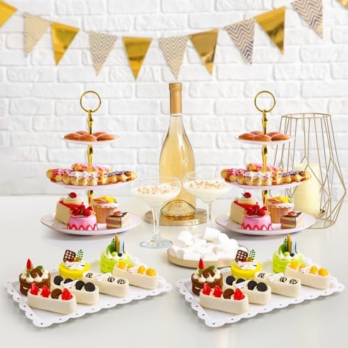 20 Pack Dessert Table Display Set 8 Pcs 3 Tiered Cupcake Stand with Gold Edges 12 Pcs White Dessert Serving Tray, alternate