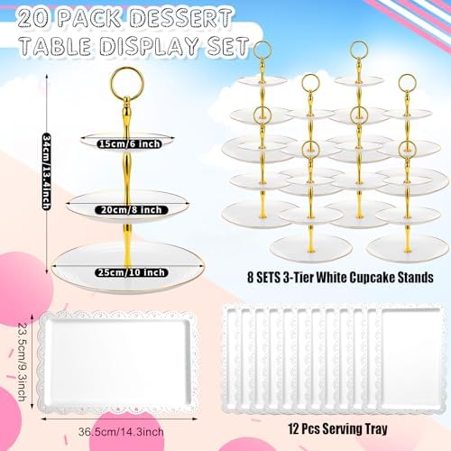 20 Pack Dessert Table Display Set 8 Pcs 3 Tiered Cupcake Stand with Gold Edges 12 Pcs White Dessert Serving Tray, alternate