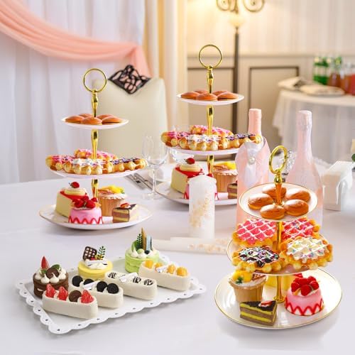 20 Pack Dessert Table Display Set 8 Pcs 3 Tiered Cupcake Stand with Gold Edges 12 Pcs White Dessert Serving Tray, alternate