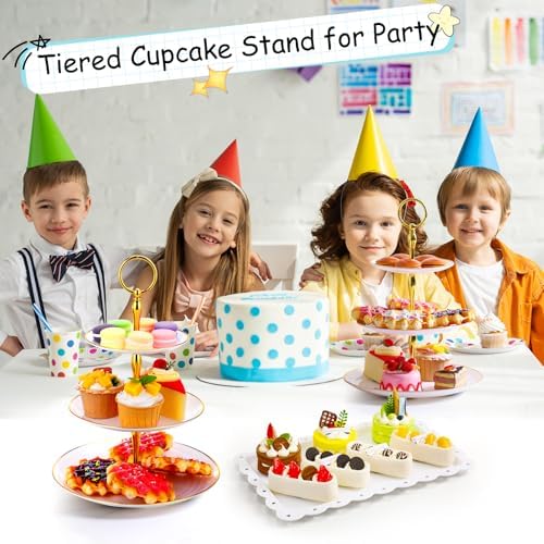 20 Pack Dessert Table Display Set 8 Pcs 3 Tiered Cupcake Stand with Gold Edges 12 Pcs White Dessert Serving Tray, alternate