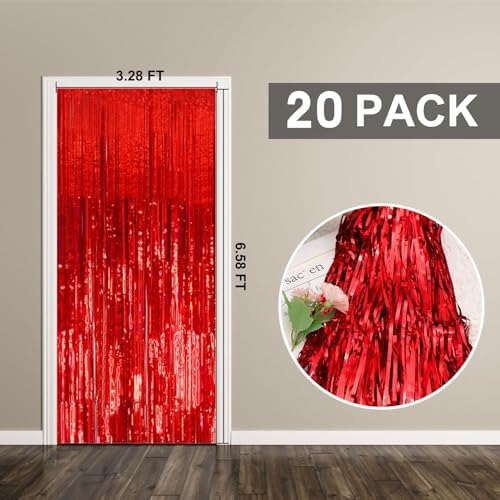 20 Pack Foil Curtain Backdrop Red Metallic Tinsel Foil Fringe Curtains Photo Booth Props for Birthday Wedding, alternate view