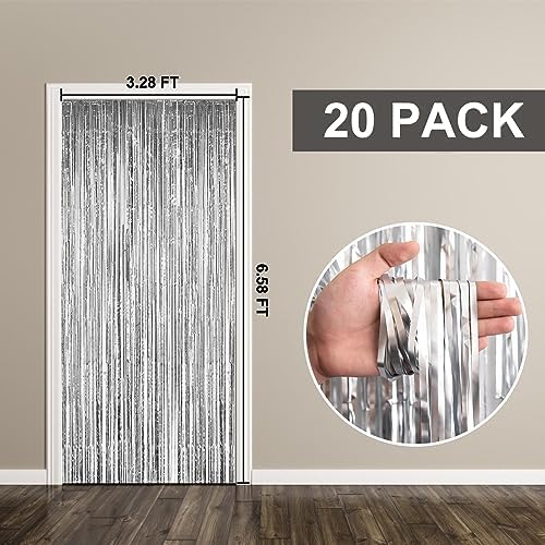 20 Pack Foil Curtain Backdrop Silver Metallic Tinsel Foil Fringe Curtains Photo Booth Props for Birthday Wedding, alternate