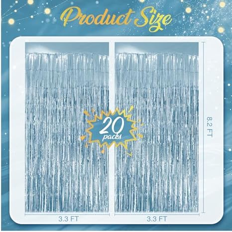 20 Pack Light Blue Fringe Backdrop, 3.2x8.2ft Shining Foil Tinsel Curtains, Birthday Party Decorations Door, alternate view 4