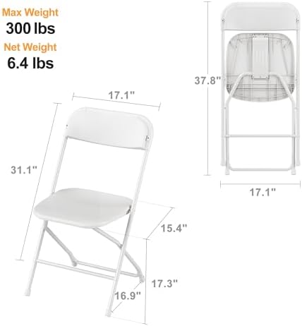 20 Pack Plastic Folding Chair, 300lb Capacity, Portable Commercial Chair Seat with Steel Frame for Wedding Party, alternate