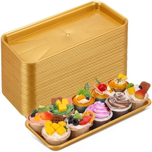 20 Pack Plastic Serving Trays for Party, Reusable Platters, Gold in approx. 14 x 6 x 1 inches/ 35.56 x 15.24 x