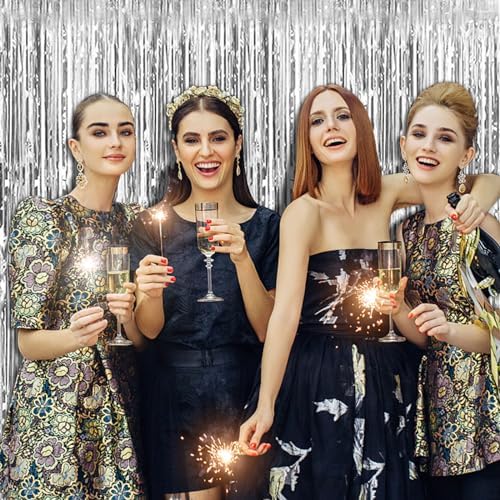 20 Pack Silver Backdrop Curtain Party Decorations Foil Fringe Backdrop Silver Tinsel Streamers Birthday, alternate view 2