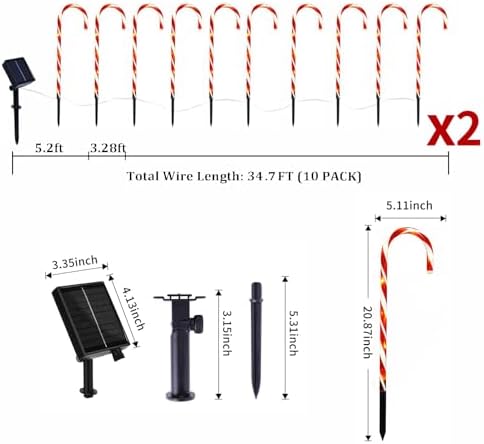 20 Pack Solar Candy Cane Lights, 21 Inch Red Christmas Yard Decor, alternate view 3