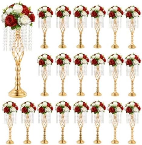 20 pcs 21.65 Inch Wedding Gold Flower Centerpieces Crystal Metal Flower Vase Wedding Centerpieces for Tables
