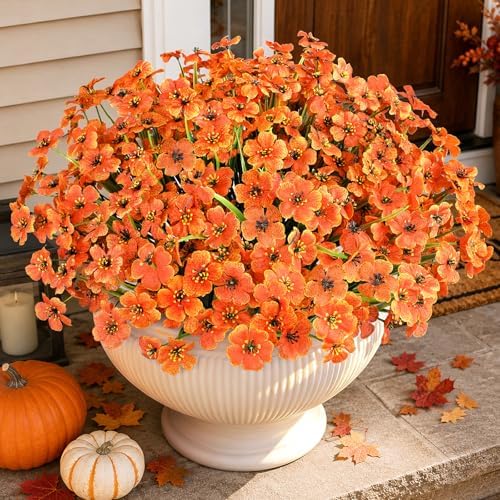 20 PCS Artificial Fall Flowers for Outdoors, Orange Fake Mums, alternate view 2